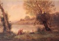 VILLEDAVARYPAYSANNE ET SON ENFANT ENTRE DEUX ARBRES AU BORD DE plein air Romantik Jean Baptiste Camille Corot
